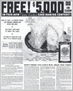 The cake naming contest ad featuring the cake eventually called "Gold-N-Sno."